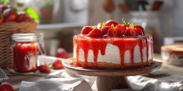 Decadent New York Cheesecake With Fresh Strawberry Sauce