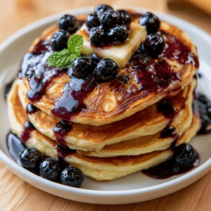 Fluffy Buttermilk Pancakes With Homemade Blueberry Syrup - Thefoodiebunch Fluffy Buttermilk Pancakes With Blueberry Syrup