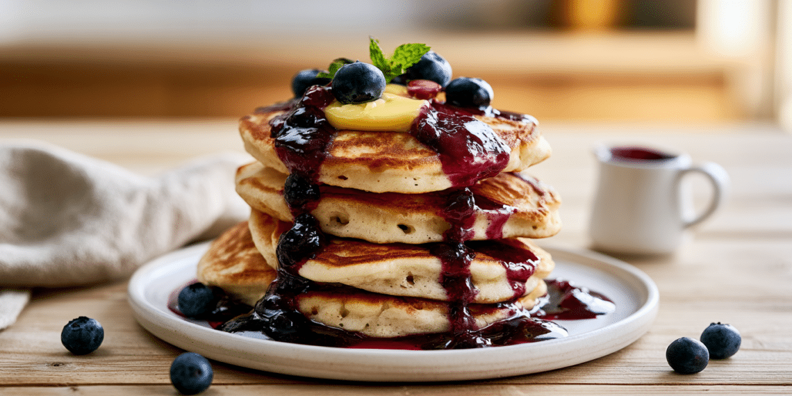 Fluffy Buttermilk Pancakes With Homemade Blueberry Syrup - Thefoodiebunch Fluffy Buttermilk Pancakes With Blueberry Syrup