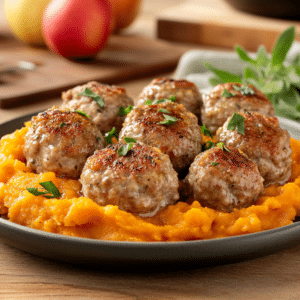 Autumn Comfort: Pork Apple Meatballs With Sweet Potato Mash - Thefoodiebunch