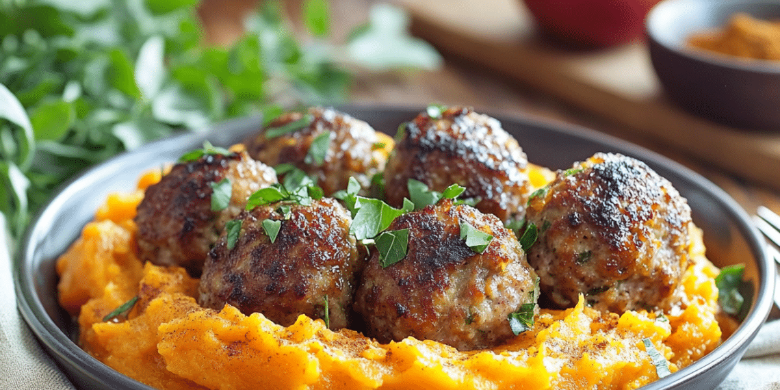 Pork Apple Meatballs With Sweet Potato Mash