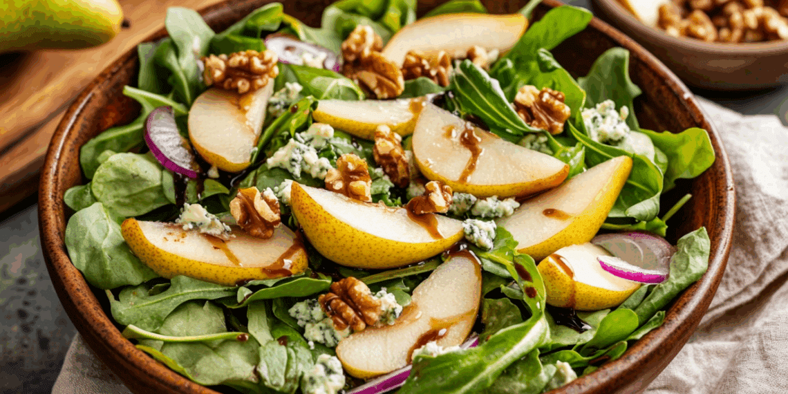 Sweet And Tangy Pear Gorgonzola Salad With Candied Walnuts