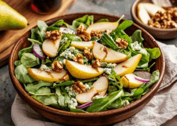 Sweet And Tangy Pear Gorgonzola Salad With Candied Walnuts
