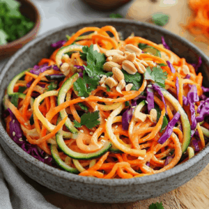 Fresh Spiralized Veggie Salad With Nutty Peanut Dressing - Thefoodiebunch