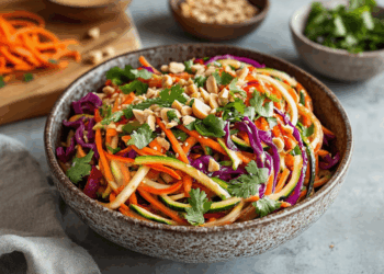 Fresh Spiralized Veggie Salad With Nutty Peanut Dressing