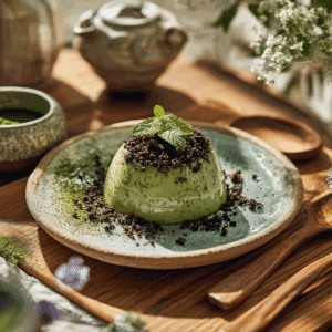 Matcha Panna Cotta With Black Sesame Crumble