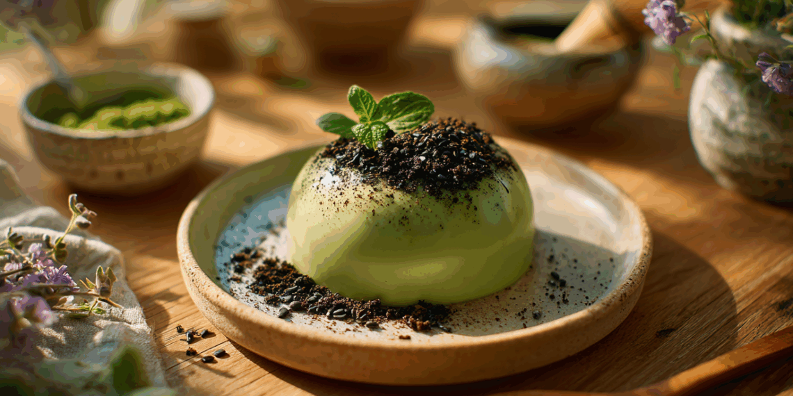 Matcha Panna Cotta With Black Sesame Crumble
