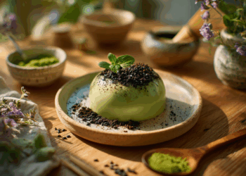 Matcha Panna Cotta With Black Sesame Crumble