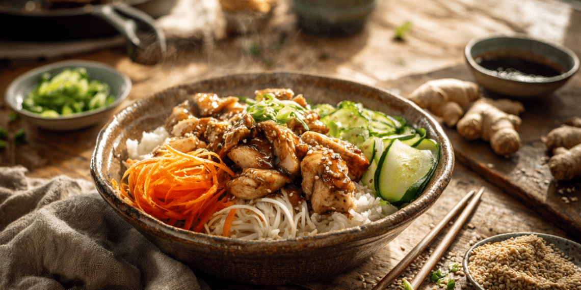 Southeast Asian Street Food Inspired Chicken Rice Bowl - Thefoodiebunch Soy-Ginger Glazed Chicken Rice Bowl
